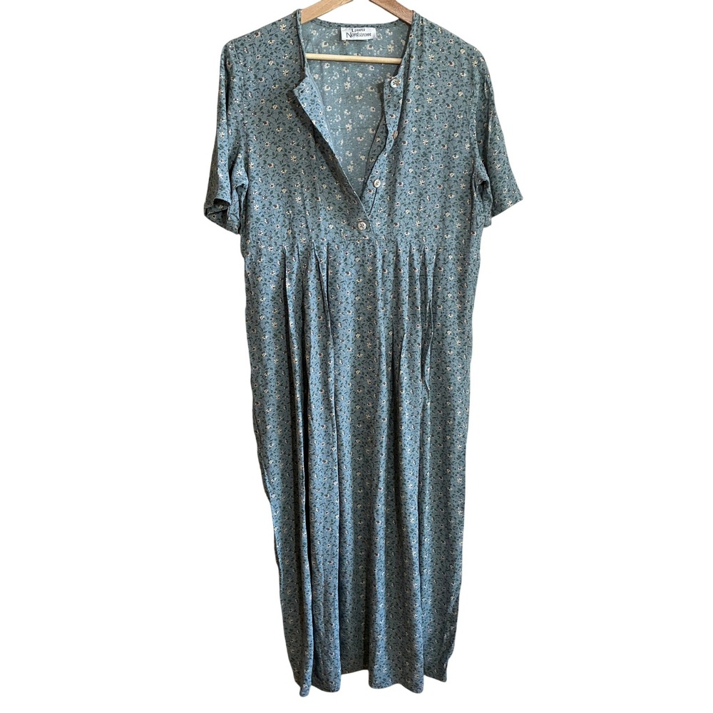 Vintage Laura Nordstrom Floral Maxi Dress S Blue Womens Rayon Pleated Vintage